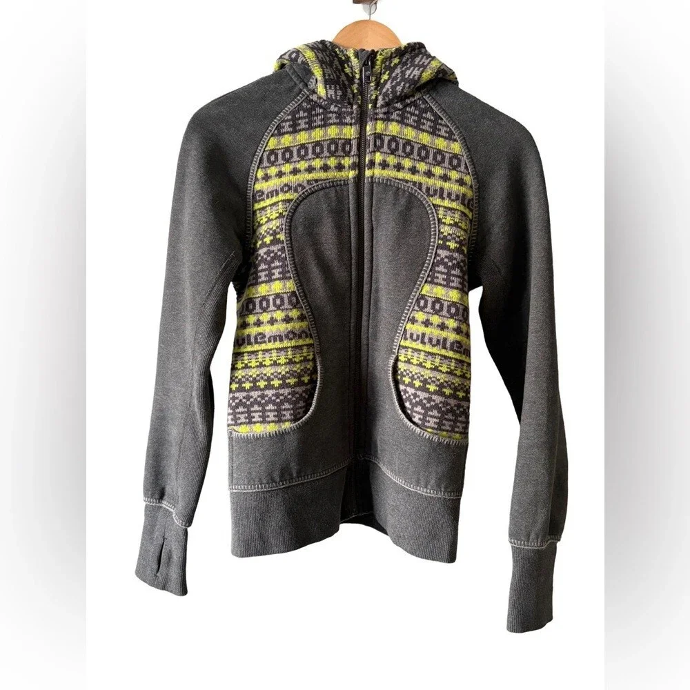 Vintage Lululemon Scuba Hoodie Special Edition Fair Isle Gray & Yellow - Picture 2 of 9